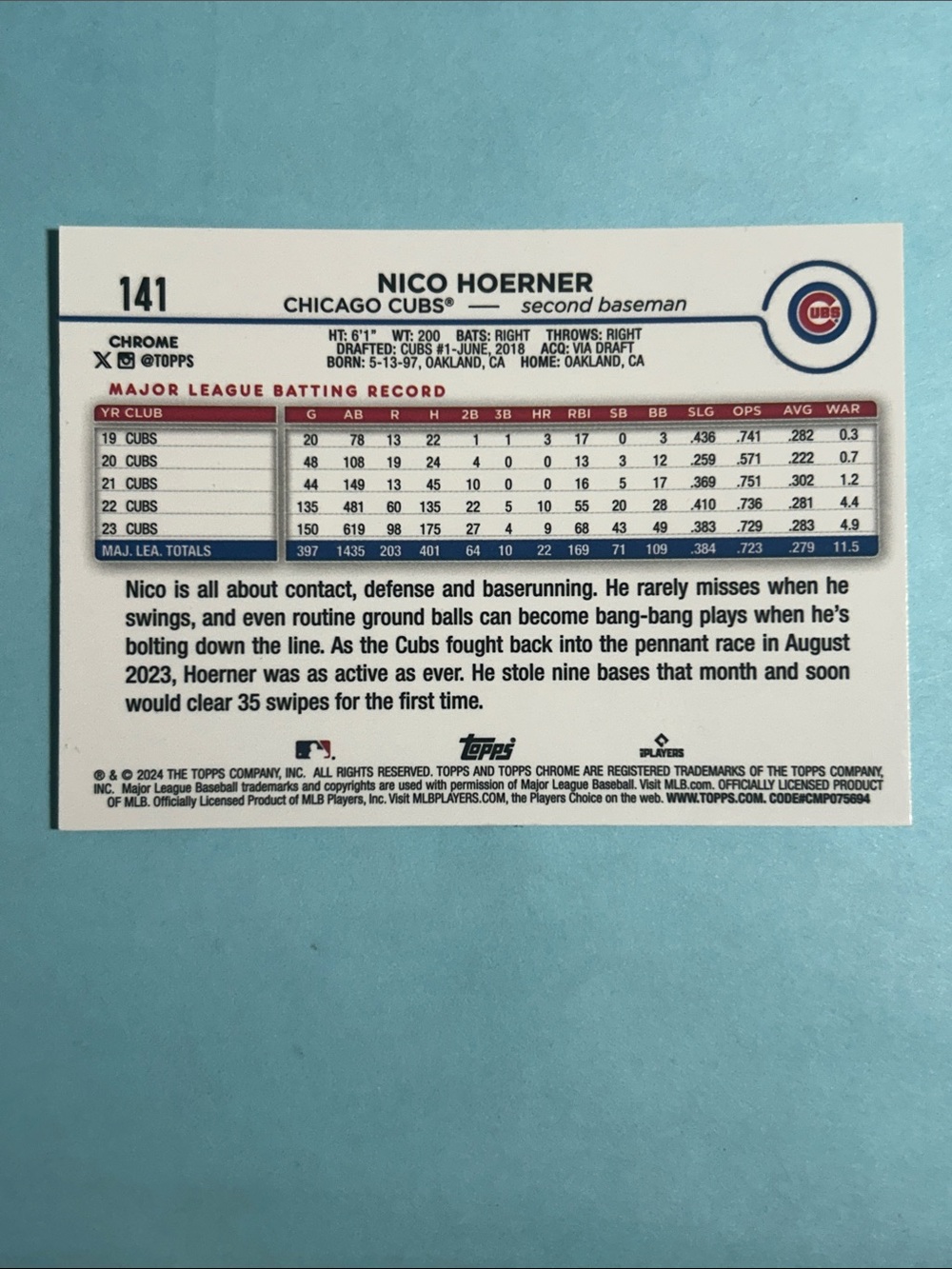 Nico Hoerner Chicago Cubs, 2024 Topps Chrome X-Fractor card #141 - Picture 2 of 2